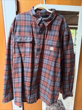 Carhartt Men’s Orange and Gray Plaid Button-Down Flannel Shirt